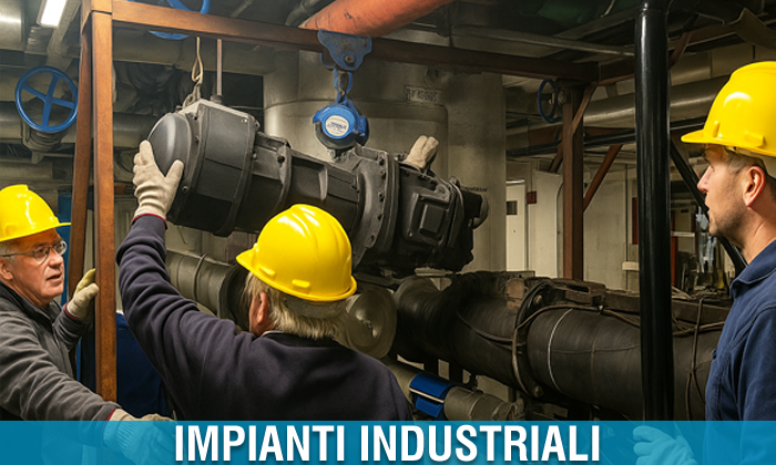 Uomini col elmetto in procinto di installare un Impianto Industriale di Condizionatore